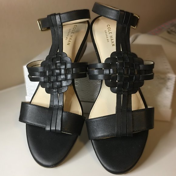 COLE HAAN "Findra" Black Leather Woven Slide Wedge Sandal | Size 9B - Picture 7 of 15